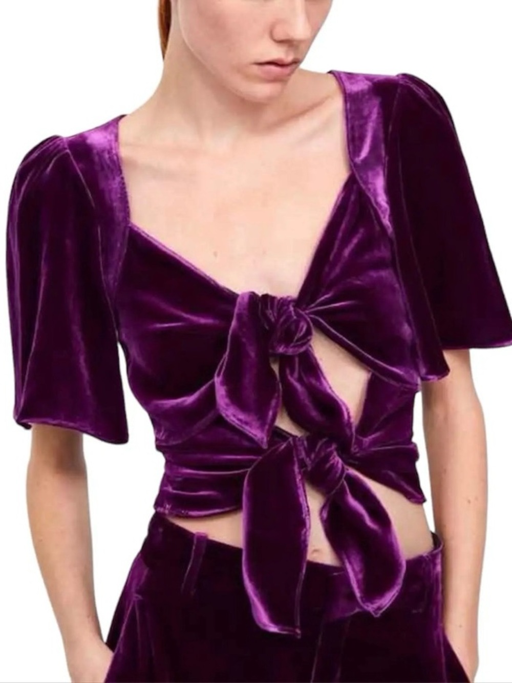 Zara Plum Velvet Crop Top Sweetheart Neck Tie Front Cutout Silk Blend Size L